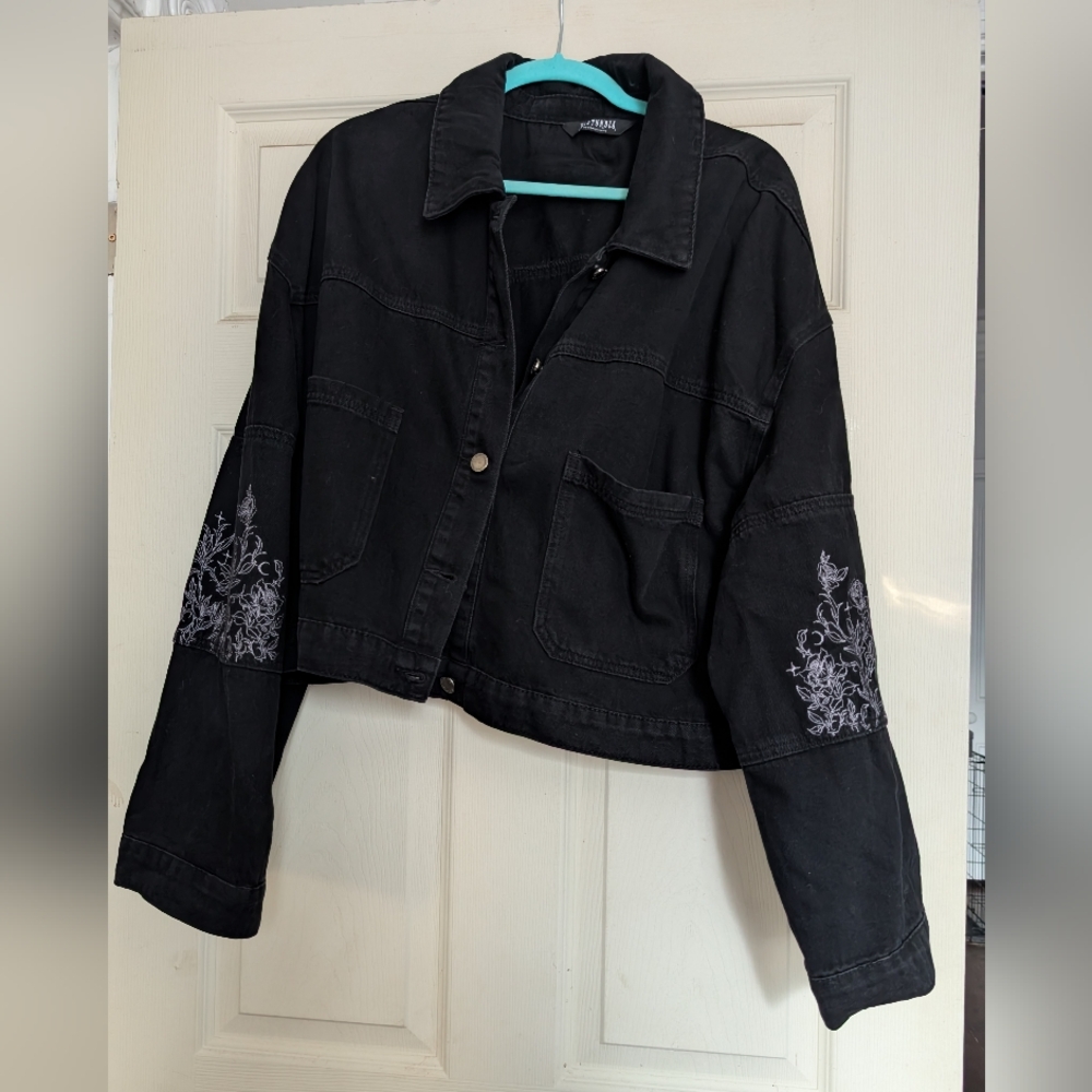 Disturbia Black Denim Jacket with Purple Embroidery